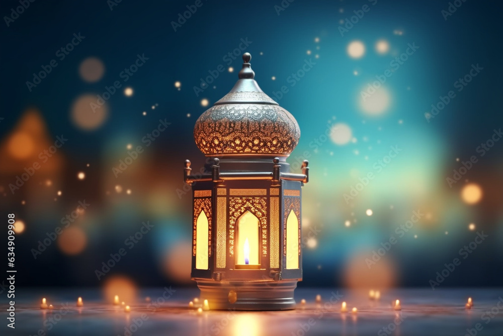 Ornamental Arabic lantern with burning candle glowing . Festive greeting card, invitation for Muslim holy month Ramadan Kareem. Ramadan Kareem greeting photo with serene mosque background
