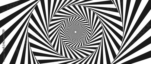 Radial optical illusion background. Black and white abstract rotating lines in circles. Poster, banner, template design. Spinning spiral or vortex illusion wallpaper. Vector horizontal opt art surface
