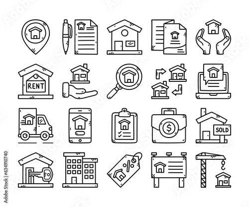 Set of Real Estate Doodle Icons, Line Style