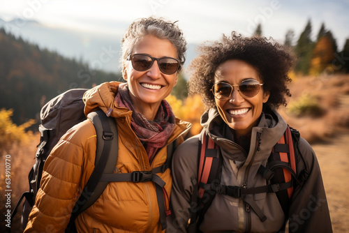Adventurous Love, Active Retired Interracial Lesbian Couple Embarking on a Outdoor Hiking Expedition