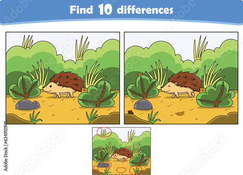 Funny cartoon hedgehog. Find 10 differences. Kids Education games. Cartoon vector illustration