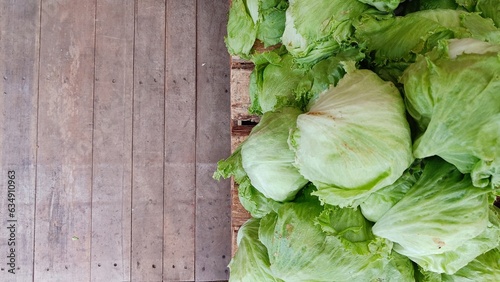 High Angle View Fresh green Cabbage Vegetables with wooden board copy space for text