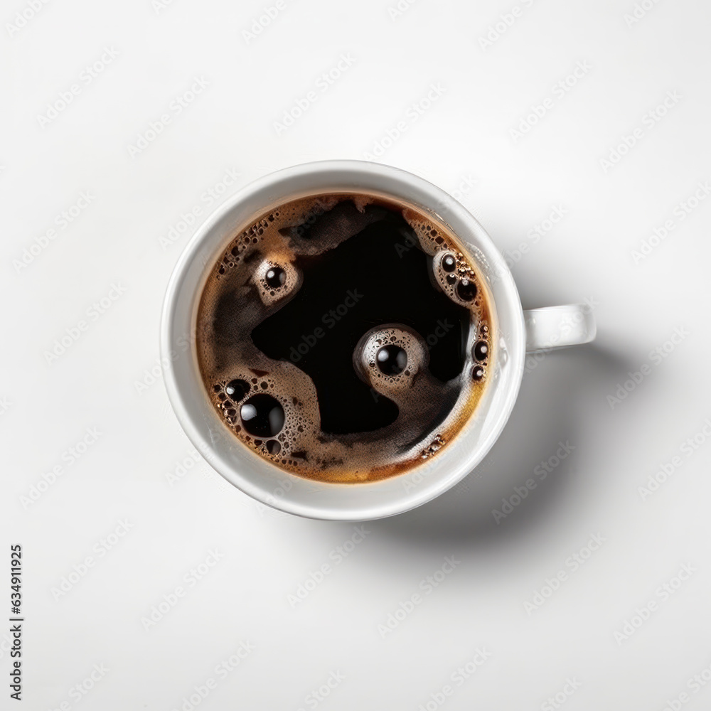 A freshly brewed cup of coffee with foam and a saucer, isolated on a white background, seen from above. AI Generative. A freshly brewed cup of coffee with foam and a saucer, isolated on a white background, seen from above. AI Generative.
