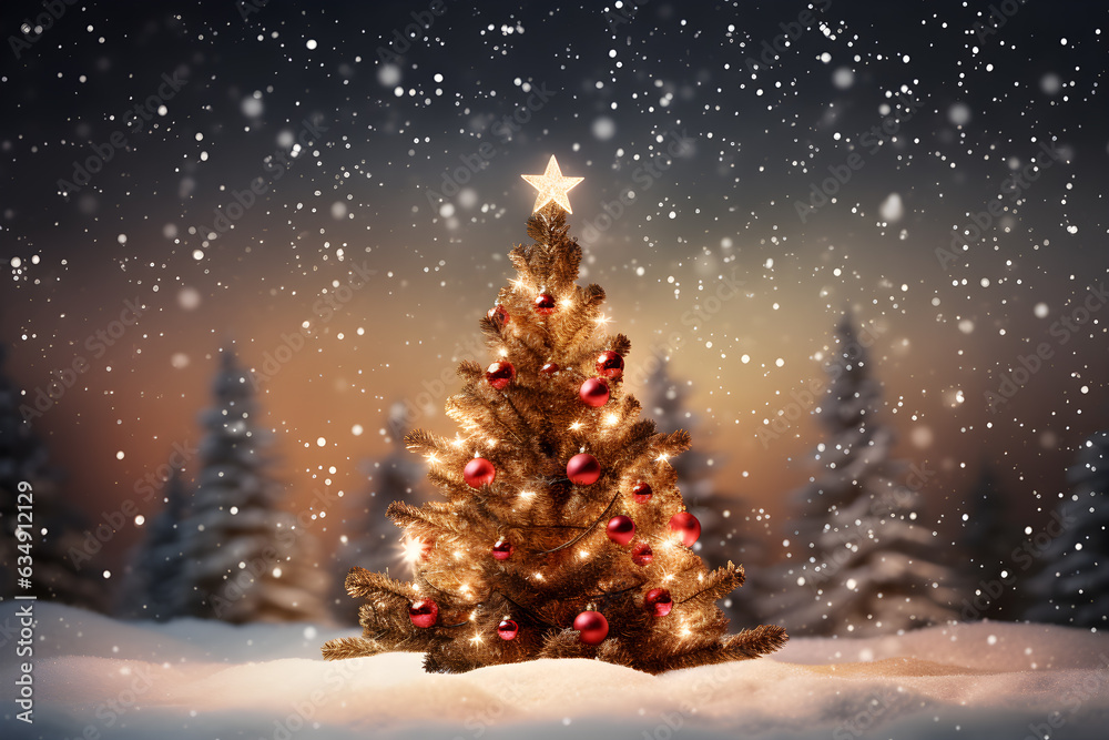Empty space Christmas tree and gifts box decoration with snow and lights bokeh blurred background, AI generate