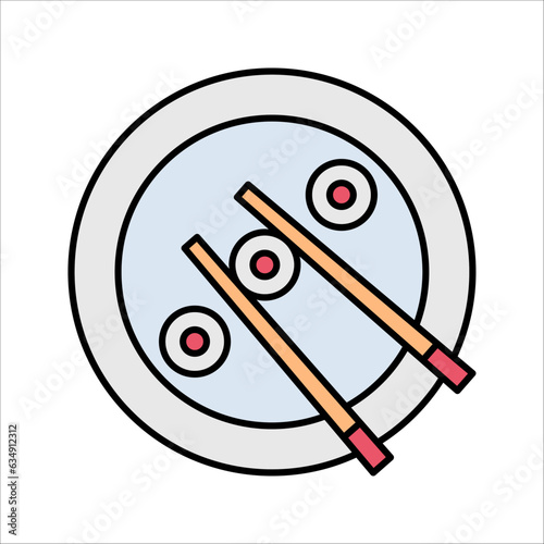 chopsticks holding sushi roll. concept of snack, susi, exotic nutrition, sushi restaurant, sea food. vector illustration on white background