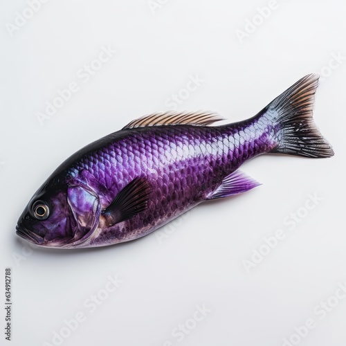 Dead market fish lying on side on white copy space isolated background.