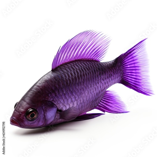 Purple aquarium fish on white copy space isolated background.