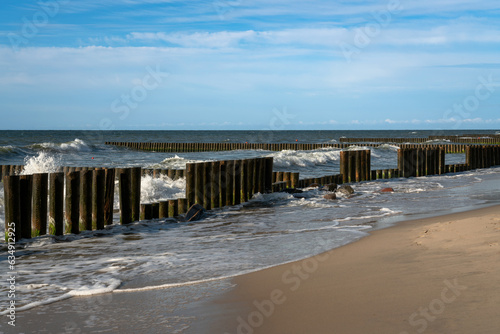 View of the Baltic Sea and wooden breakwaters of the city beach on a summer day  Svetlogorsk  Kaliningrad region  Russia