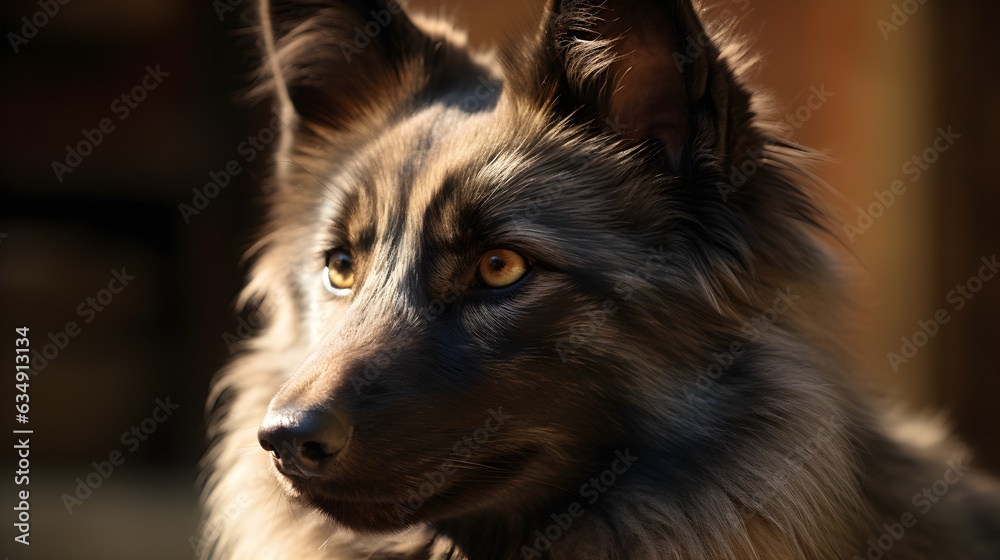 Hairy gray Keeshond dog standing, look and stare at something. Generative AI technology. Hairy gray Keeshond dog standing, look and stare at something. Generative AI technology.