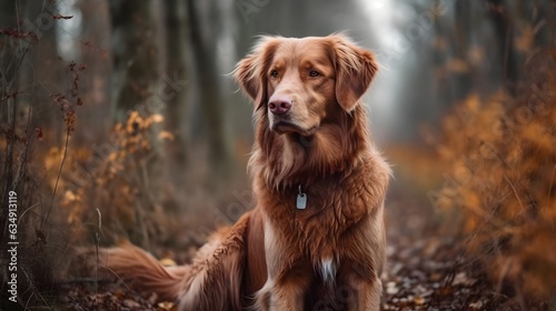 Brown Nova Scotia Duck Tolling Retriver dog sitting, relax and playing in the woods. Generative AI technology.