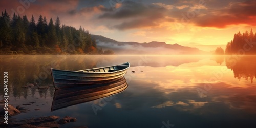 boat on the lake with mist at sunset time, generative AI