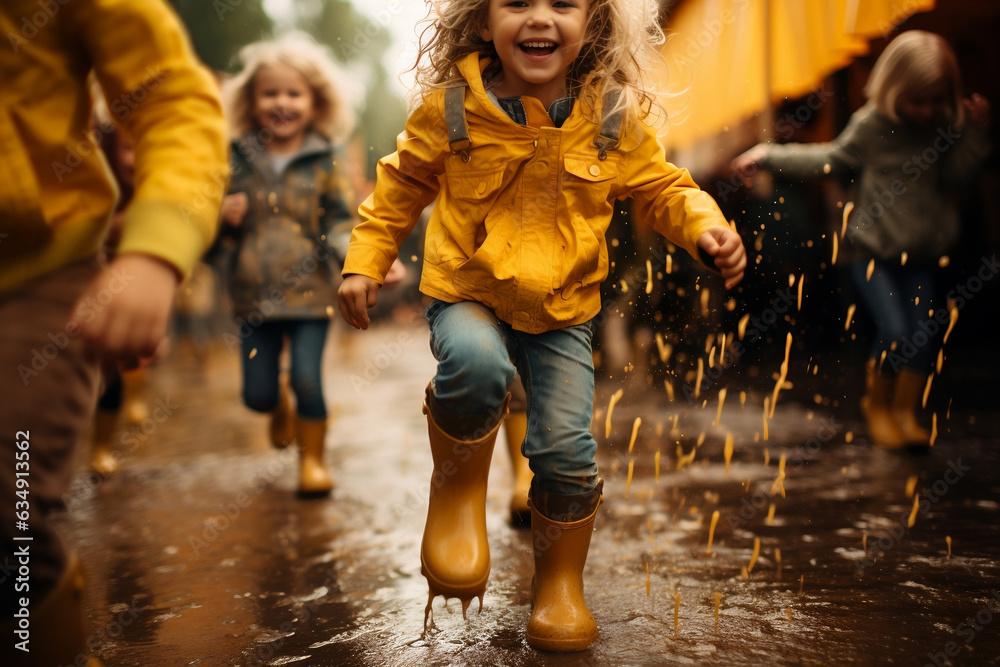 Playful Kids in Rain Yellow Boots, Splashing in Puddles Amidst Summer Downpour Playful Kids in Rain Yellow Boots, Splashing in Puddles Amidst Summer Downpour