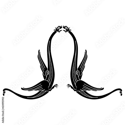 Symmetrical animal design with two winged medieval dragons.  Illuminated manuscript style. Black and white negative silhouette.