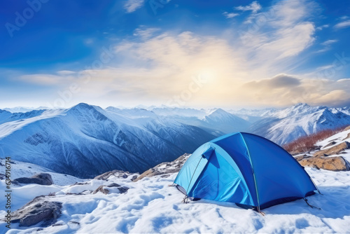 Blue tent standing high in mountains on the ground covered with snow with majestic view of mountains valley