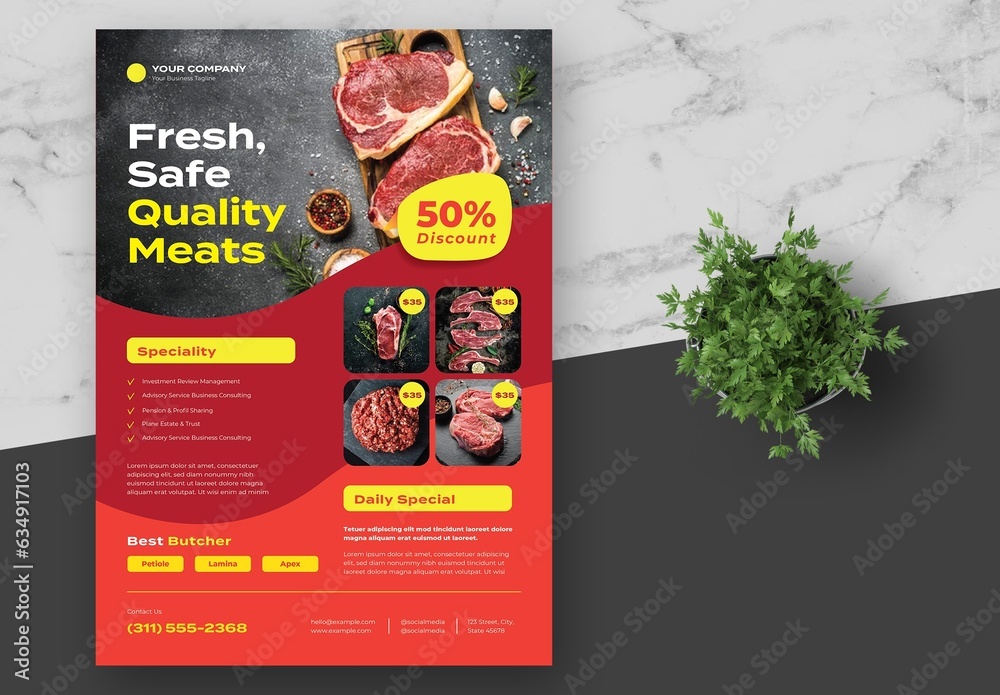 Red Yellow Meat Sale and Butcher Flyer Stock Template | Adobe Stock