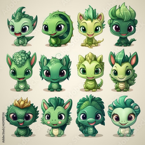 Clipart set of cartoon green wooden dragon with different emotions.  © Margo_Alexa