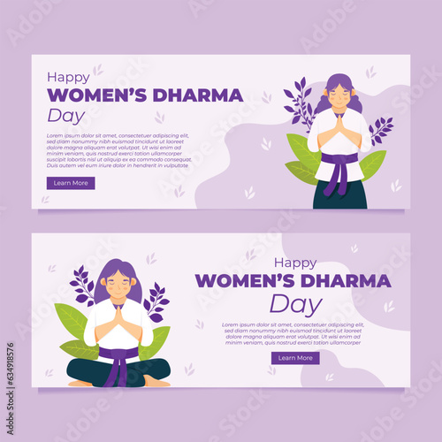 dharma day banner beautiful happy woman in white dress and traditional dress Celebrate holi with rose petals on white purple background.
