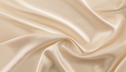 Soft pastel beige cream color, shiny satin silk swirl wave background banner - Abstract textile fabric material, backdrop texture for product display or text