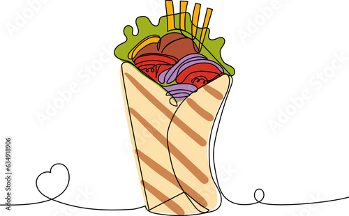 Continuous one line drawing of shawarma. Kebab with meat and vegetables. Fast food cafe and restaurant concept. Simple vector illustration