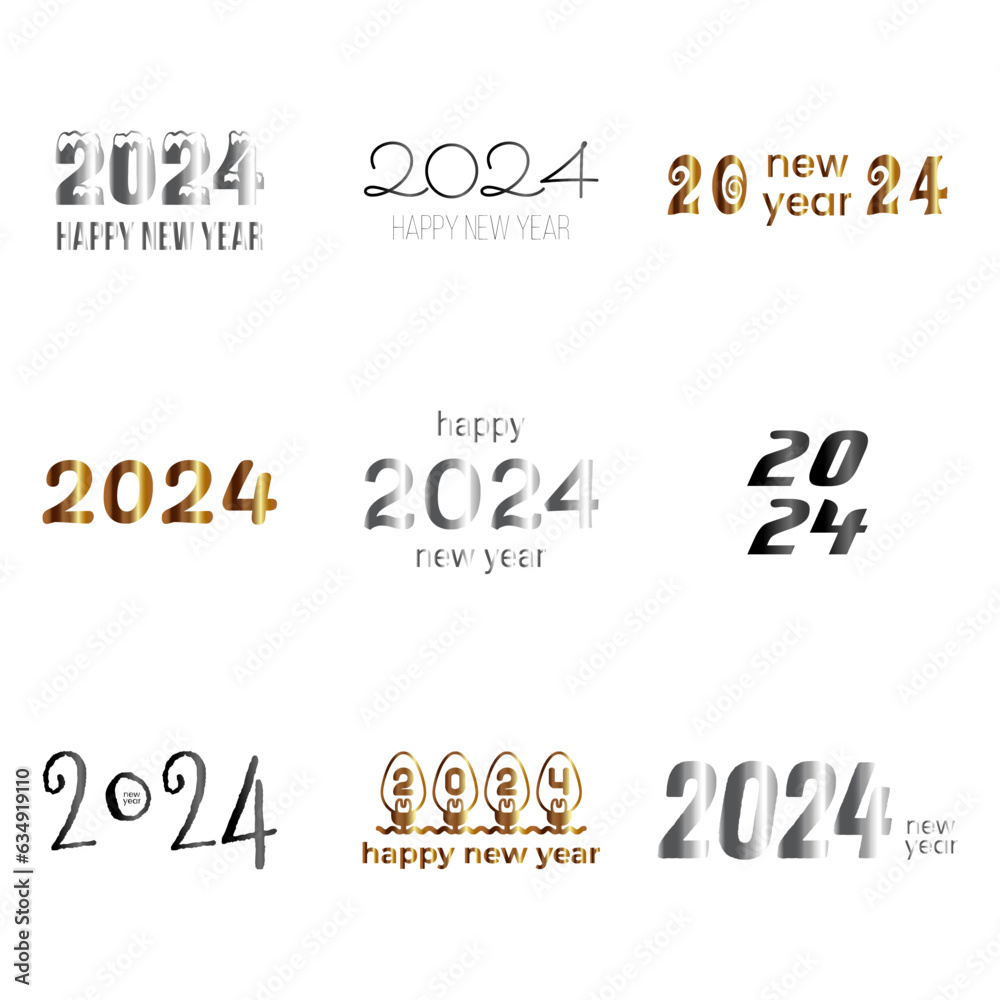 Collection of 2024 Happy New Year logo text design. Holiday concept. Vector illustration with metallic labels logo for calendars, diaries, stationery and notebooks on white background. Collection of 2024 Happy New Year logo text design. Holiday concept. Vector illustration with metallic labels logo for calendars, diaries, stationery and notebooks on white background.