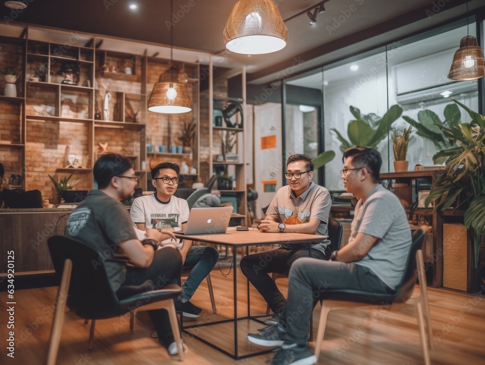 Generative AI : Team group asian freelancer are brainstorming and talking at coffee shop cafe Feeling funny and happy Generative AI : Team group asian freelancer are brainstorming and talking at coffee shop cafe Feeling funny and happy