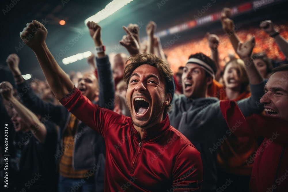 Sport fans cheer and celebrating a winning tournament in stadium. Generative AI