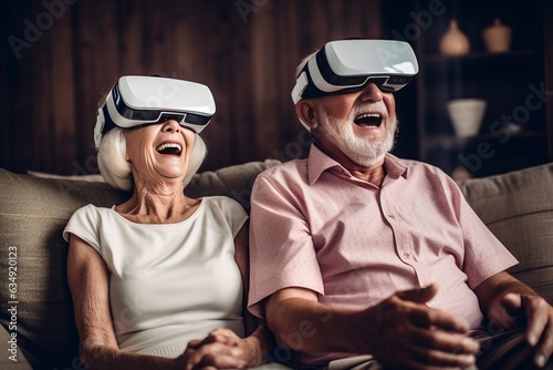 Generative AI : Candid of attractive senior asian couple using virtual reality or vr glasses technology or innovation playing game for fun together at home Old asian parents lifestyle at home in retir