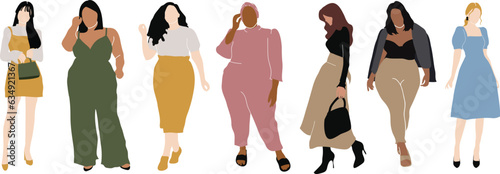 Different ethnic women with fashion outfit standing silhouette vector illustration