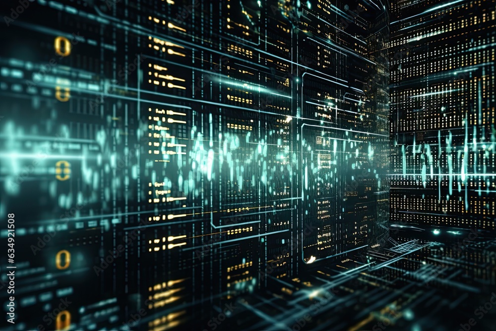 Abstract digital network. Lines of code, web elements, data flow. Represents interconnected cyberspace. Concept of modern computing and internet integration.