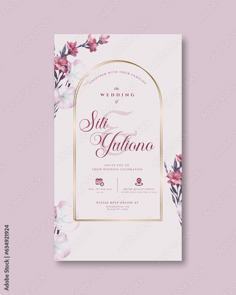 digital wedding invitation with watercolor flower illustration premium vector