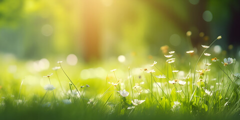 Sunny summer nature background with wild flowers on Forest glade grass with sunlight and bokeh. beautiful Outdoor nature