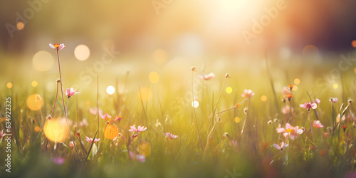 Sunny summer nature background with wild flowers on Forest glade grass with sunlight and bokeh. beautiful Outdoor nature © sam