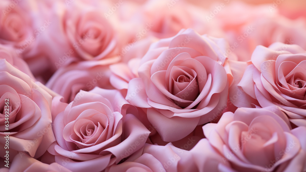 mehrere rosane pinke Rosen in Blütezeit. Querformat. Generative Ai.