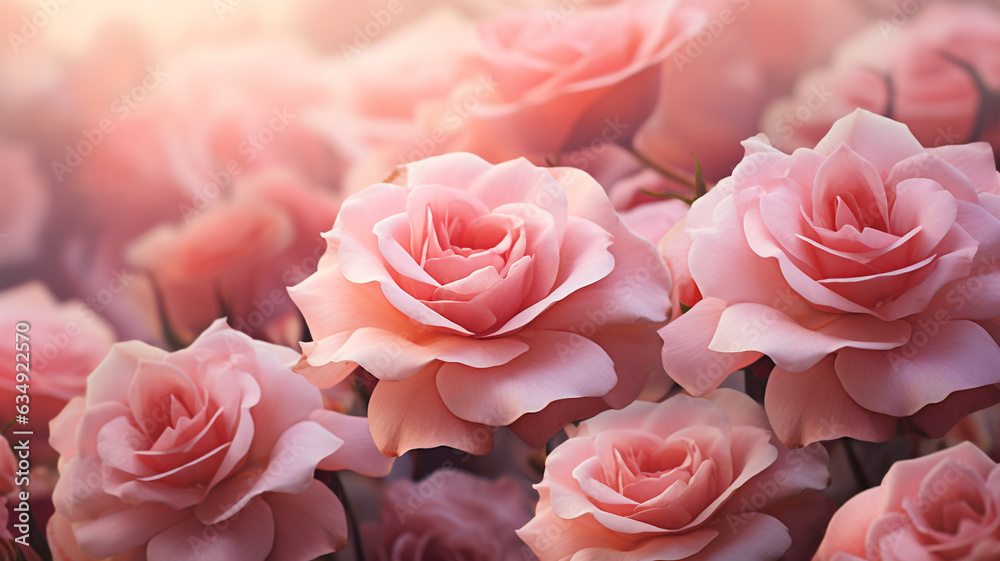 mehrere rosane pinke Rosen in Blütezeit. Querformat. Generative Ai.