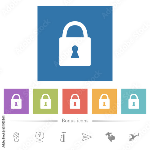 Locked padlock with keyhole solid flat white icons in square backgrounds