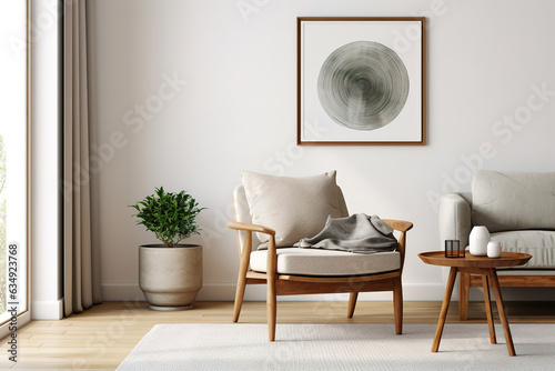 Lounge chair and round wooden table against beige wall and poster frame. Modern living room interior design