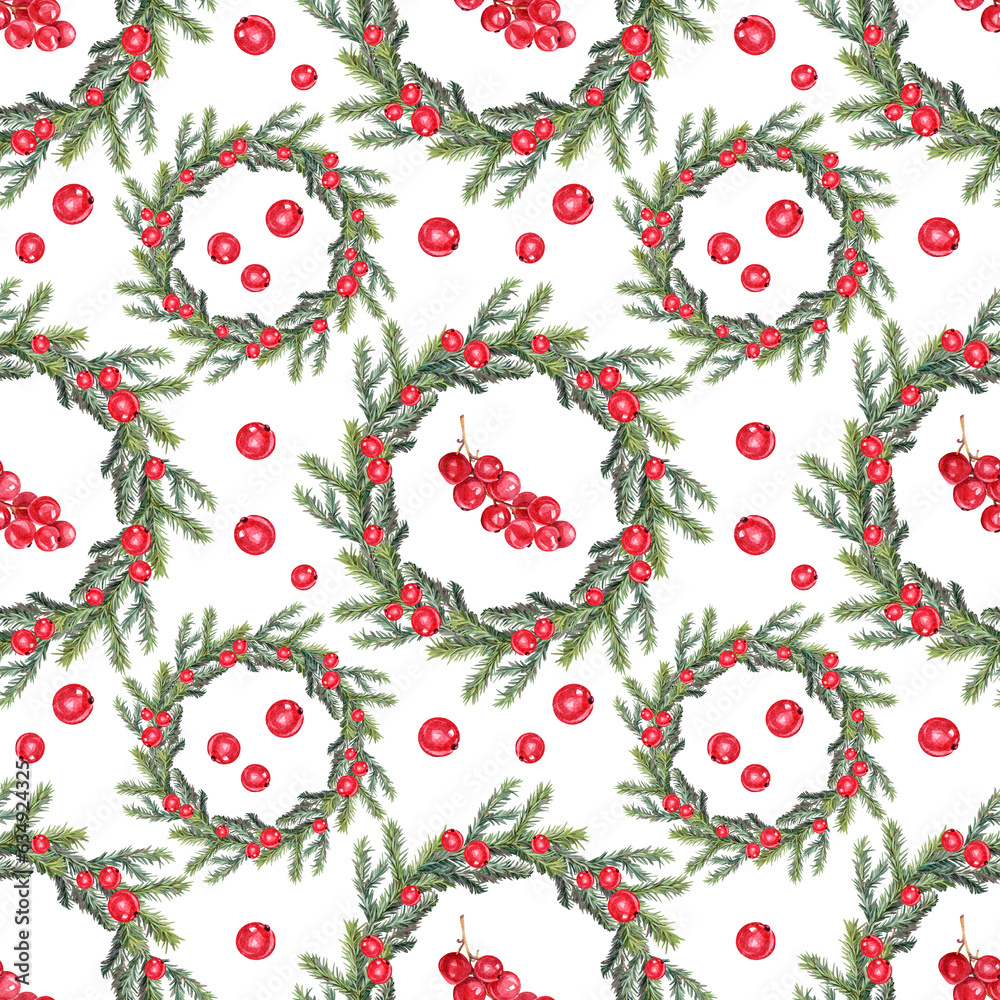Seamless pattern with watercolor green christmas tree fir wreath with red berries currant on white background. Circle frame border template. Hand-drawn art for new year wrapping or wallpaper Seamless pattern with watercolor green christmas tree fir wreath with red berries currant on white background. Circle frame border template. Hand-drawn art for new year wrapping or wallpaper