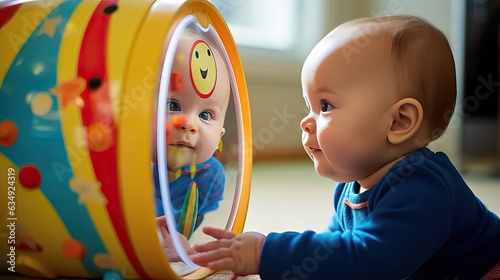A baby seeing its own reflection in the mirror, experiencing self-recognition and sparking curiosity. Generative AI