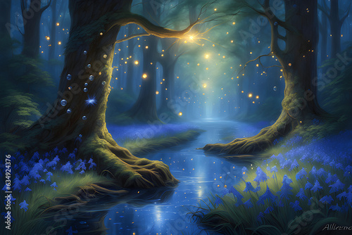 In an 8K canvas  visualize a secluded forest clearing bathed in twilight blue. Delicate fireflies weave patterns in the air  their glow illuminating patches of phantom bluebells. An ancient