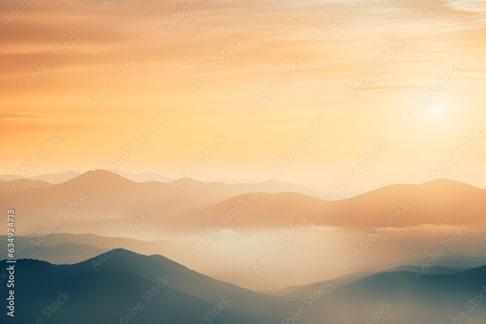Natural fog and mountains sunlight background blurring, misty waves warm colours and bright sun light. Christmas background sky sunny color orange light patterns, abstract flare evening on clouds blur