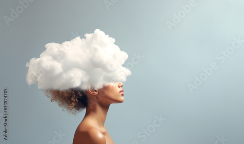 Woman with half of her head covered with clouds, copy space. Brain fog causing mental problem or confusion concept