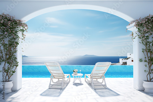 Two deck chairs on the terrace with pool and stunning sea views. Traditional Mediterranean white architecture