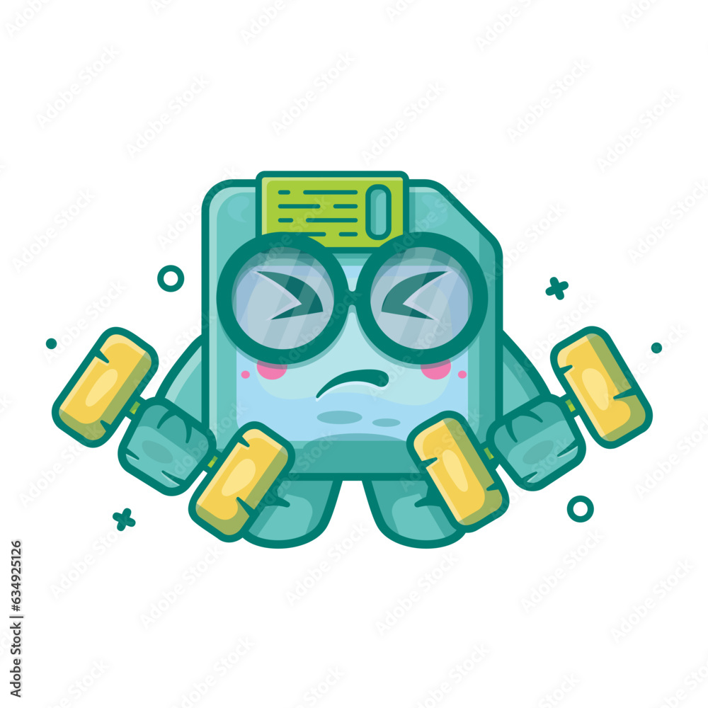 funny floppy disk character mascot doing bodybuilding using dumbbell isolated cartoon in flat style design