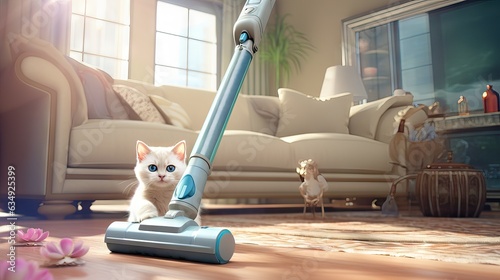 A curious cat sitting next to a vacuum cleaner, reflecting the order and cleanliness in homes with pets. Generative AI © Sebastián Hernández