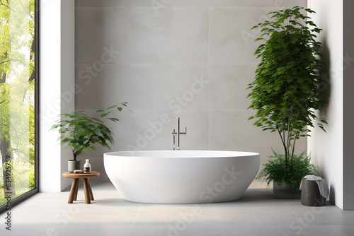 Modern minimalist bathroom interior design with white bathtub and green plants