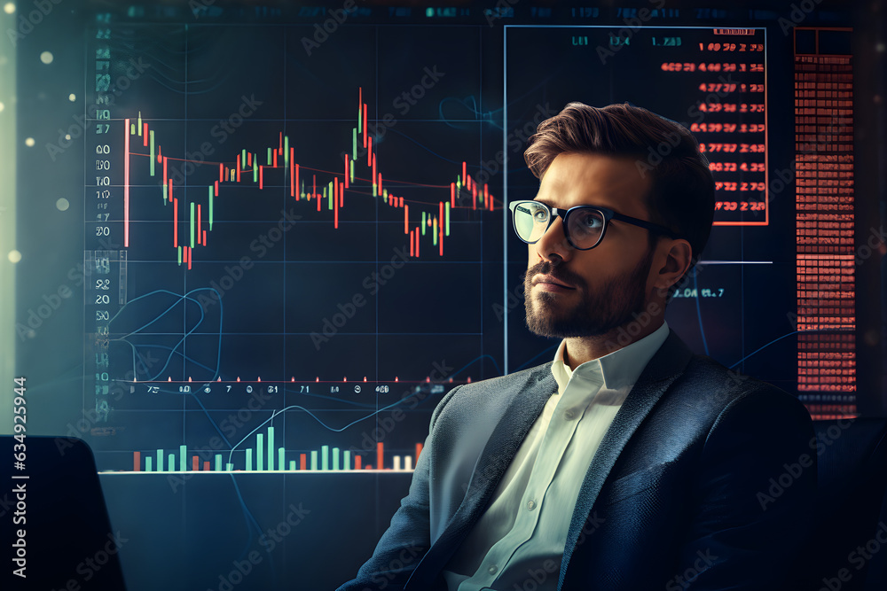 financial charts overlay with background of Portrait of Stock Market Trader Doing Analysis of Investment Charts, Graphs. Financial Analyst, Digital Entrepreneur Successfully Trading financial charts overlay with background of Portrait of Stock Market Trader Doing Analysis of Investment Charts, Graphs. Financial Analyst, Digital Entrepreneur Successfully Trading