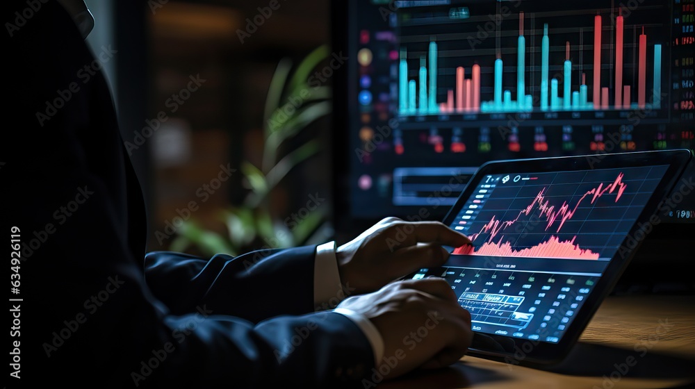 An analyst deeply focused on evaluating the financial market, surrounded by screens, control panels, and tracking charts. Generative AI An analyst deeply focused on evaluating the financial market, surrounded by screens, control panels, and tracking charts. Generative AI