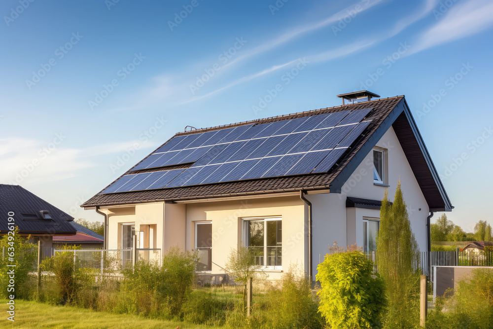Photovoltaic or solar panels on a detached home with a yard in front of a beautiful sky