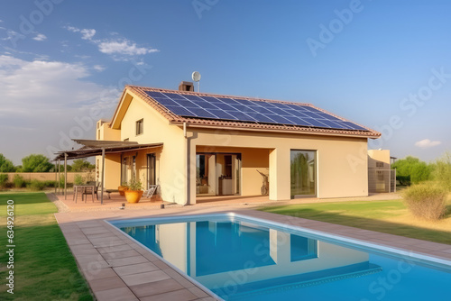 Photovoltaic or solar panels on a detached home with a yard in front of a beautiful sky © Kien