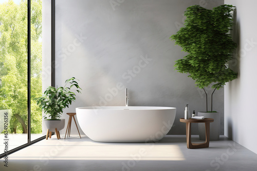 Modern minimalist bathroom interior design with white bathtub and green plants